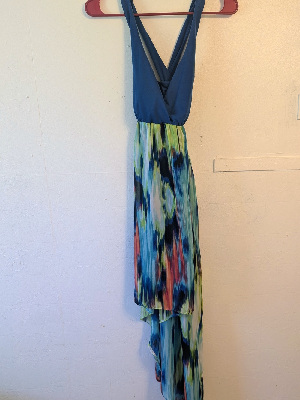 No Boundaries Blue V-Neck Maxi Dress with Multicolor Printed High-Low Skirt
